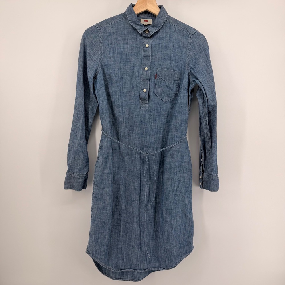 Levi's Shirt Dress Womens XS Blue Chambray Cotton Long Sleeve Tie Waist Mini